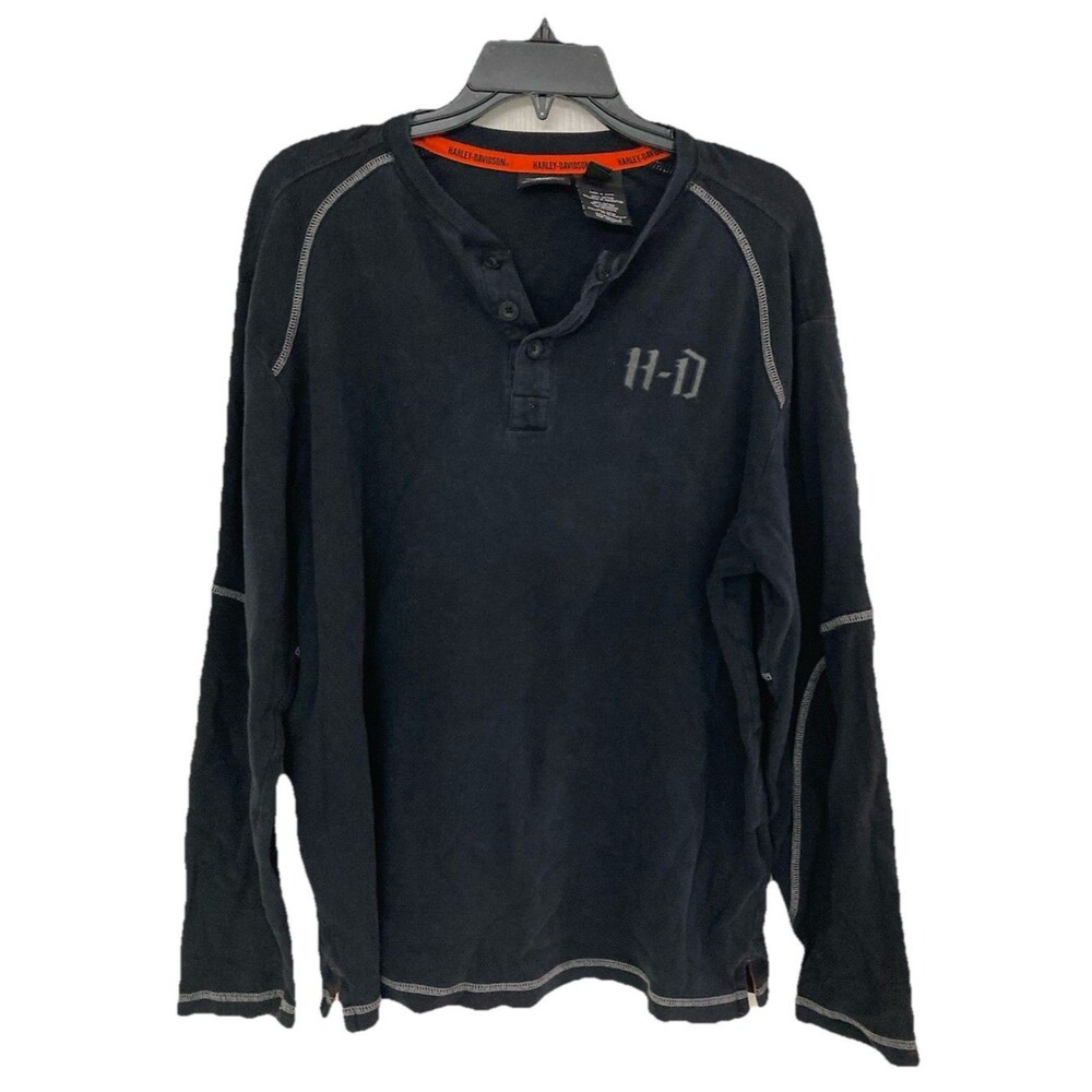 Men's Harley Davidson Thermal Henley Long Sleeve Skull Black Size Large